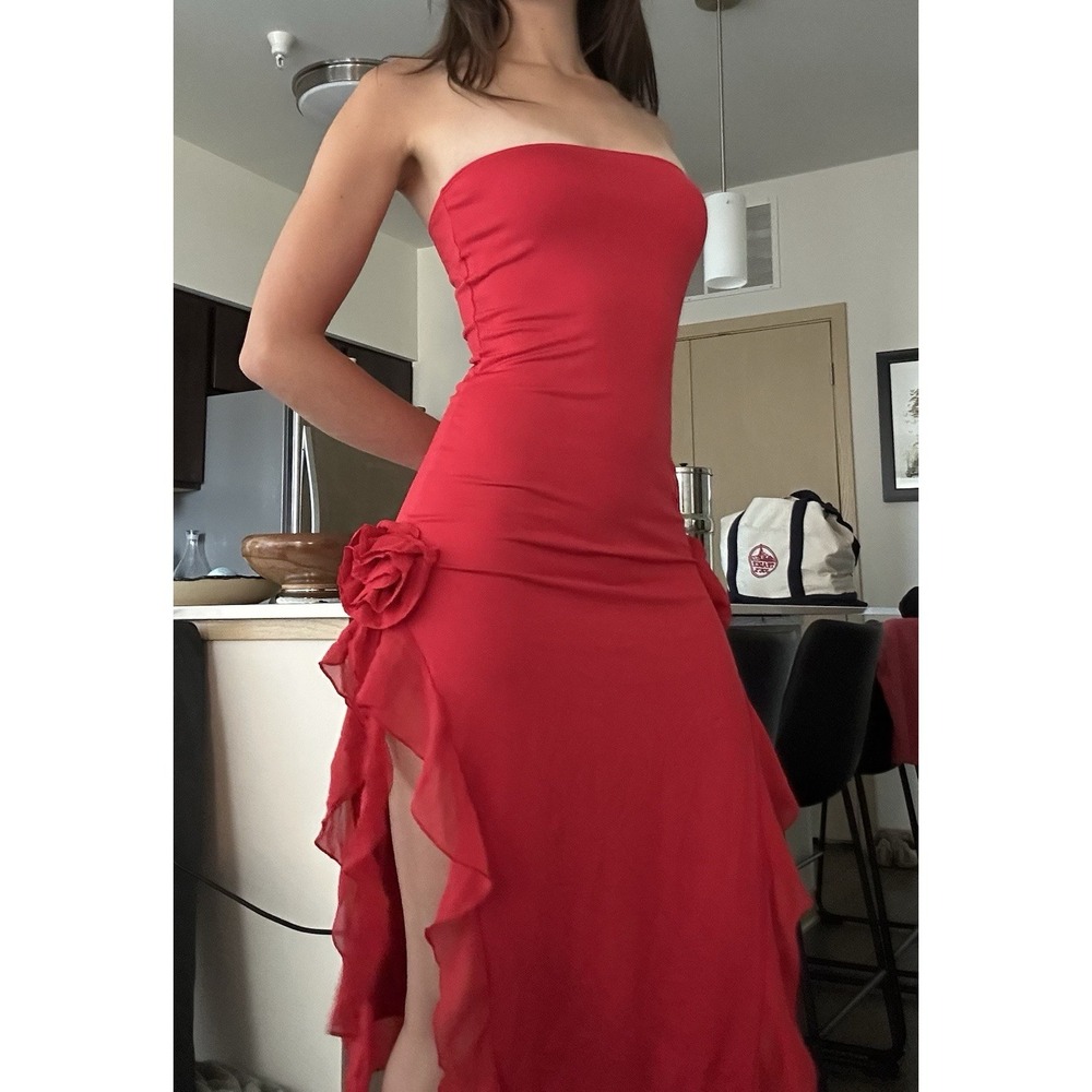 Red Strapless Rosette Ruffle Bodycon Slit Dress Sexy Feminine Romantic Coquette